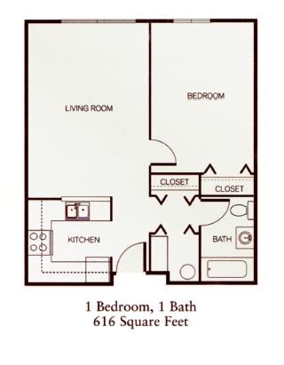 Floor plan for 1 bed, 1 bath, 707 sqft