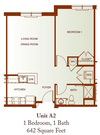 Floor plan for 1 bed, 1 bath, 642 sqft