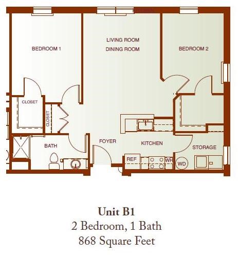 Floor plan for 2 beds, 1 bath, 868 sqft