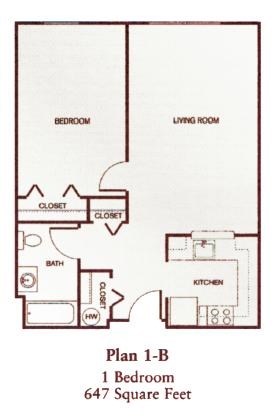 Floor plan for 1 bed, 1 bath, 647 sqft