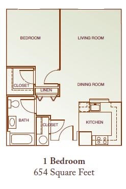 Floor plan for 1 bed, 1 bath, 702 sqft