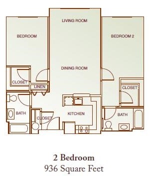 Floor plan for 2 beds, 2 baths, 936 sqft
