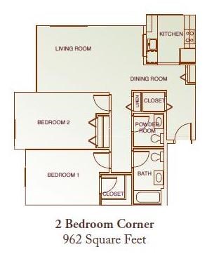 Floor plan for 2 beds, 1.5 baths, 978 sqft