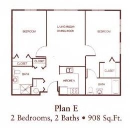 Floor plan for 2 beds, 2 baths, 909 sqft