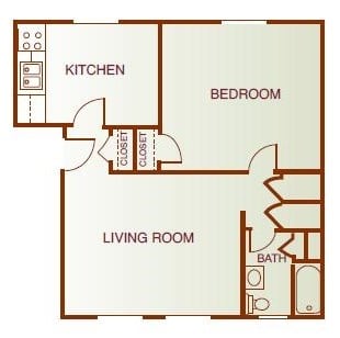 Floor plan for 1 bed, 1 bath, 686 sqft