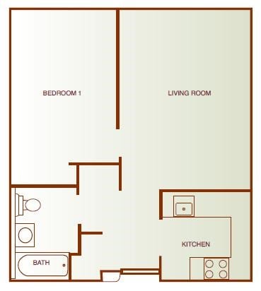 Floor plan for 1 bed, 1 bath, 677 sqft