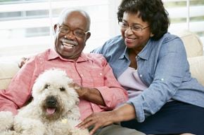 York apartment for rent - an older man and woman sitting on a couch with a dog