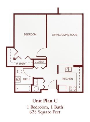 Floor plan for 1 bed, 1 bath, 610 sqft