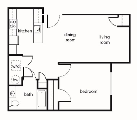 Floor plan for 1 bed, 1 bath, 671 sqft