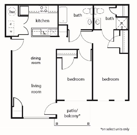 Floor plan for 2 beds, 2 baths, 860 sqft