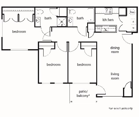 Floor plan for 3 beds, 2 baths, 1038 sqft