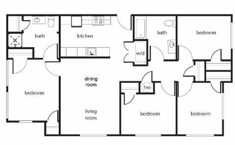 Floor plan for 4 beds, 2 baths, 1256 sqft