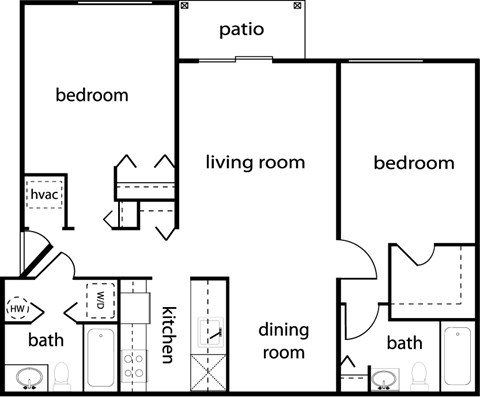 Floor plan for 2 beds, 2 baths, 932 sqft
