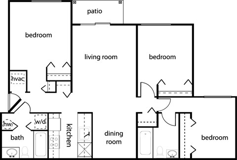 Floor plan for 3 beds, 2 baths, 1086 sqft