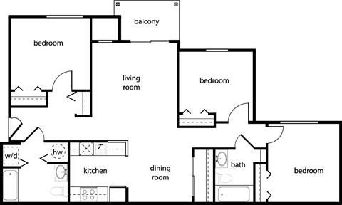 Floor plan for 3 beds, 2 baths, 1143 sqft