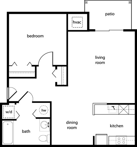 Floor plan for 1 bed, 1 bath, 700 sqft