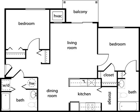 Floor plan for 2 beds, 2 baths, 900 sqft