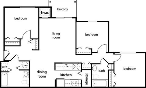 Floor plan for 3 beds, 2 baths, 1150 sqft