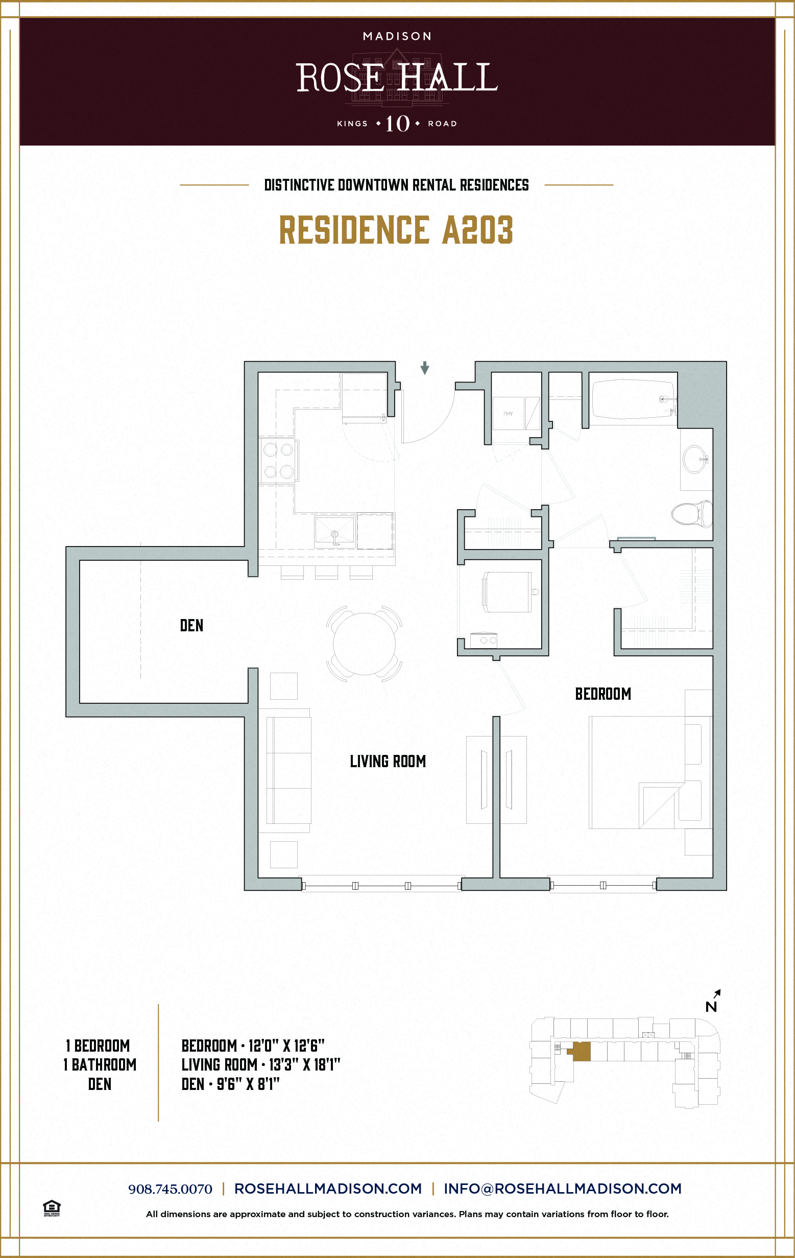 Floor plan for 1 bed, 1 bath, 877 sqft