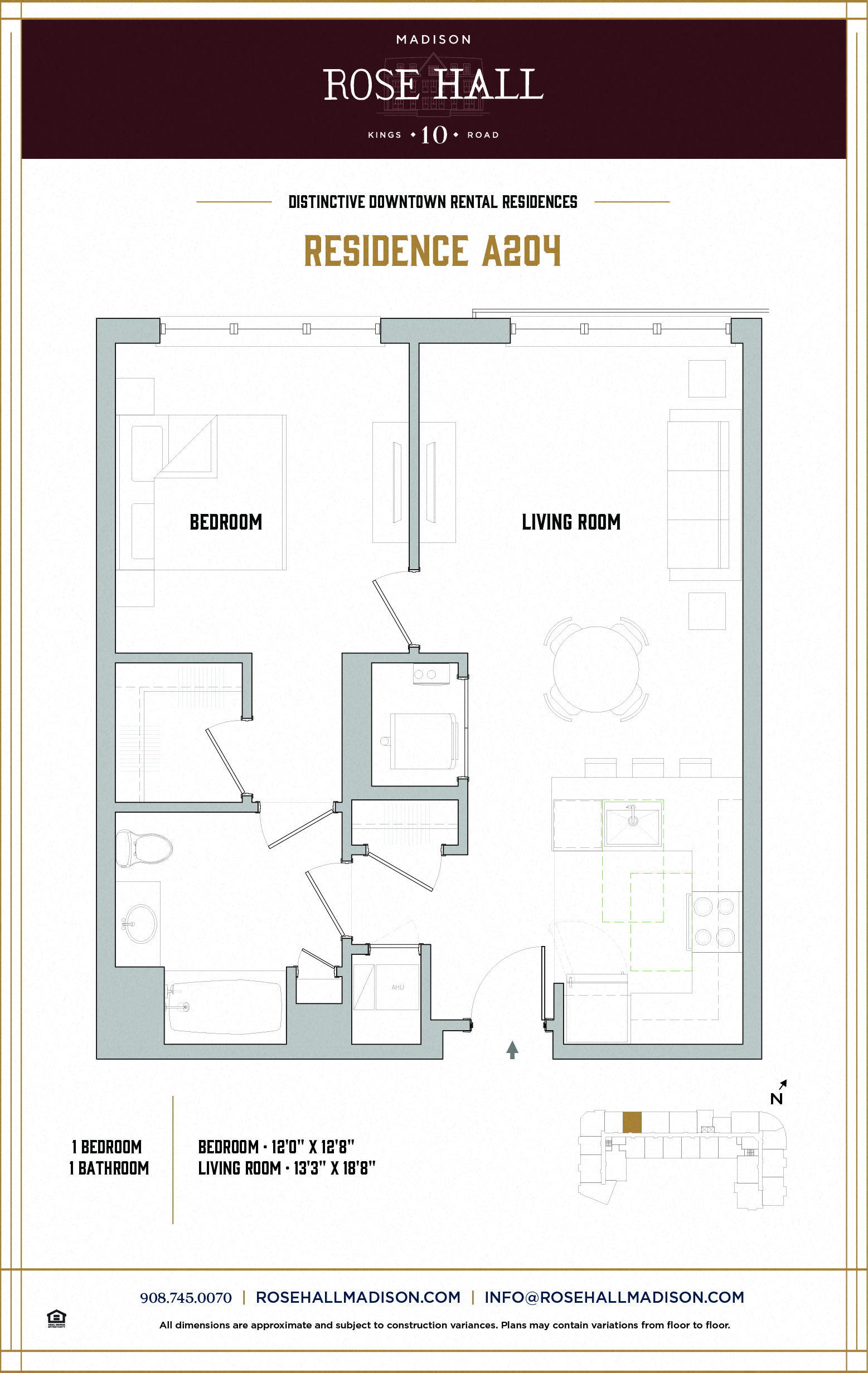 Floor plan for 1 bed, 1 bath, 788 sqft