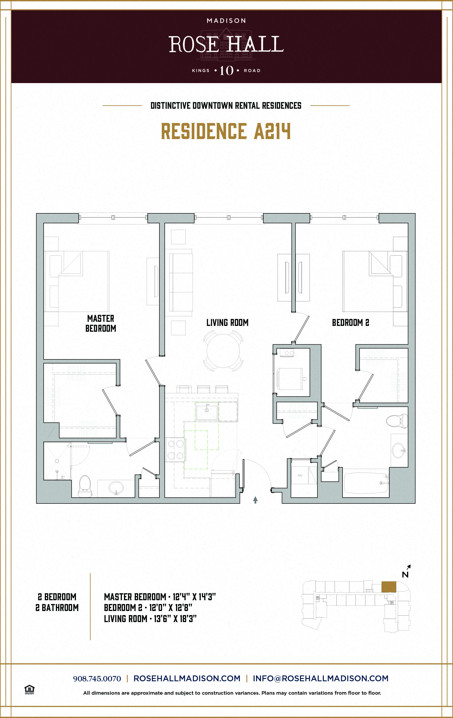 Floor plan for 2 beds, 2 baths, 1292 sqft