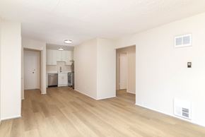 San Francisco apartment for rent - A kitchen area with a refrigerator, sink, and cabinets.
