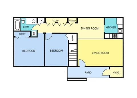Floor plan for 2 beds, 1 bath, 921 sqft