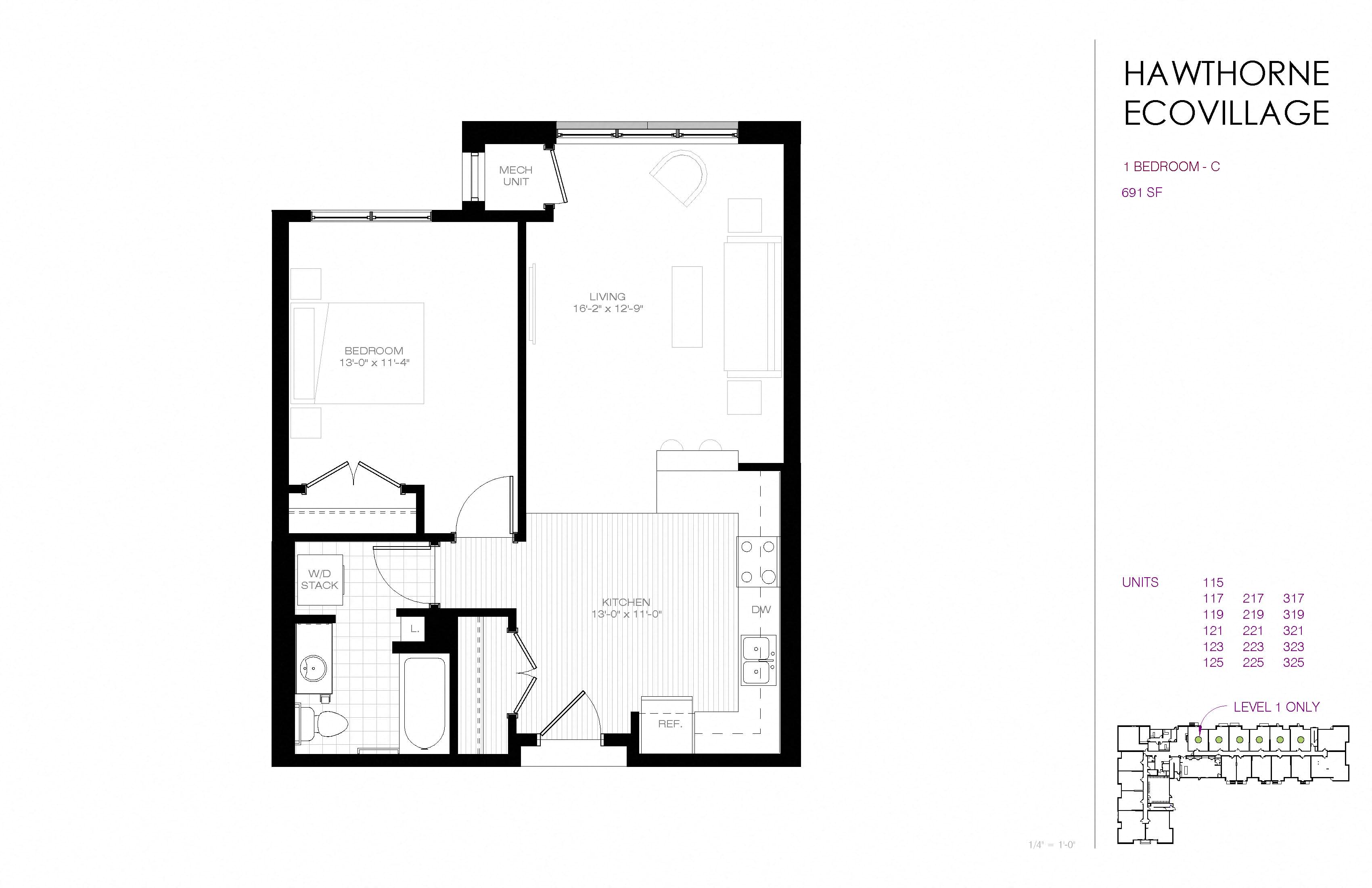 Floor plan for 1 bed, 1 bath, 691 sqft