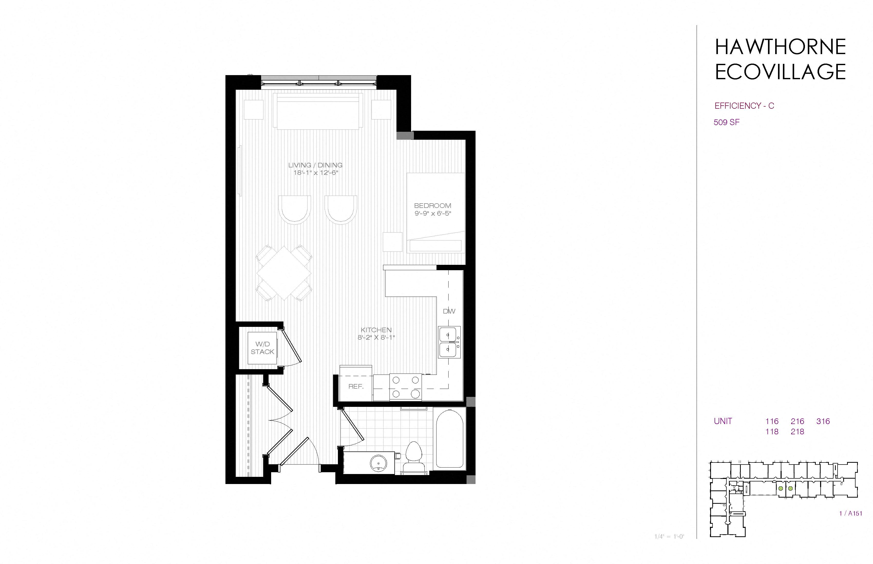 Floor plan for studio, 1 bath, 509 sqft