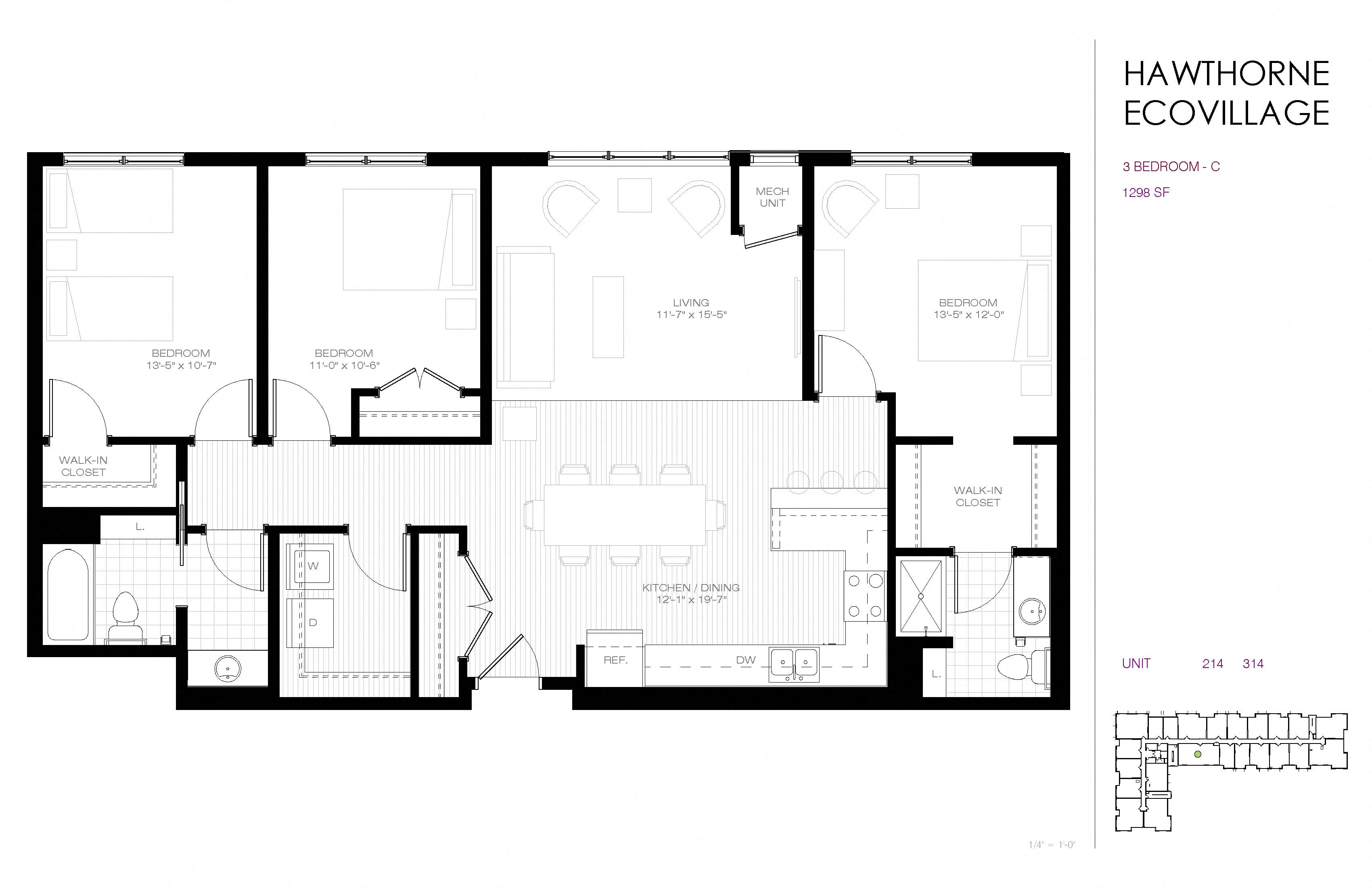 Floor plan for 3 beds, 2 baths, 1708 sqft