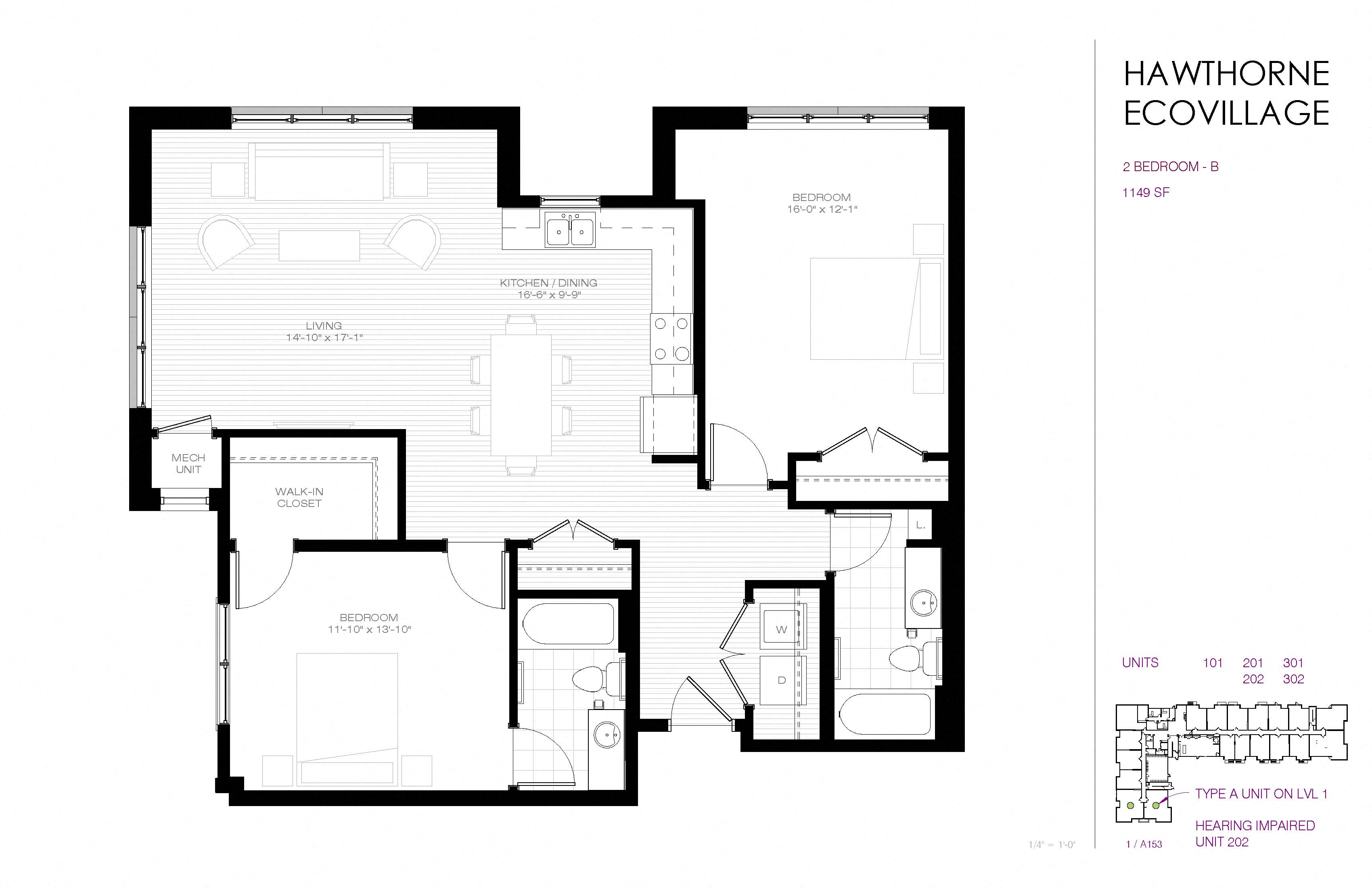Floor plan for 2 beds, 2 baths, 1149 sqft