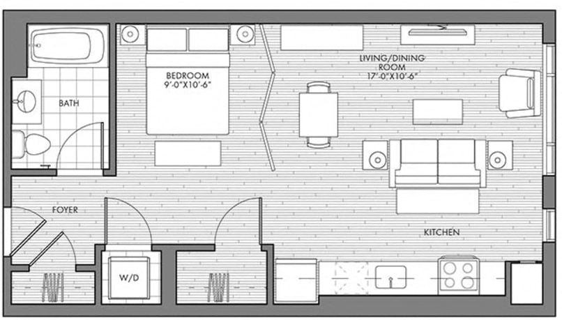 Floor plan for studio, 1 bath, 584 sqft