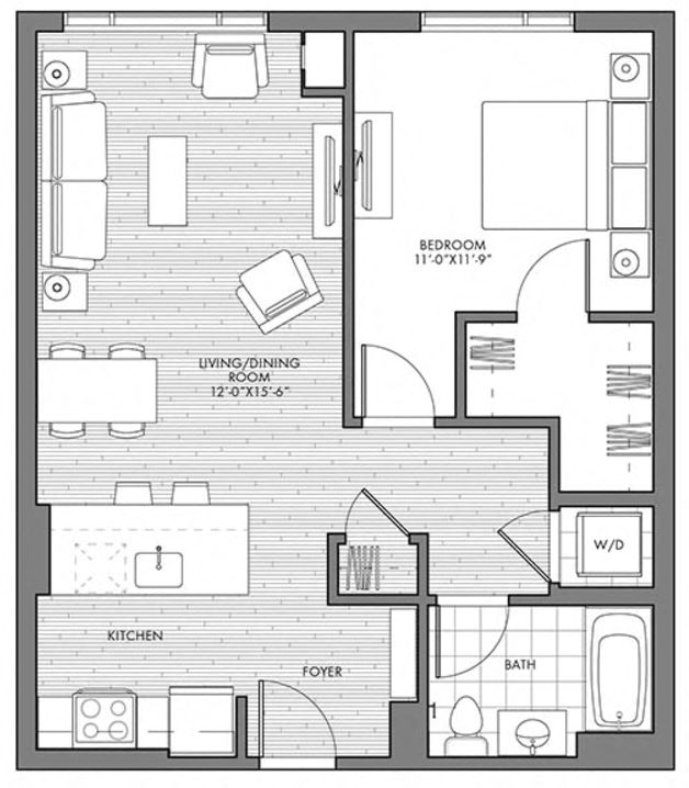 Floor plan for 1 bed, 1 bath, 744 sqft
