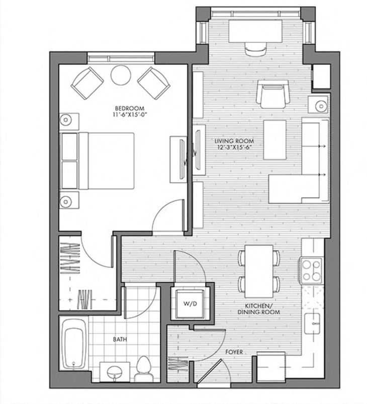 Floor plan for 1 bed, 1 bath, 755 sqft