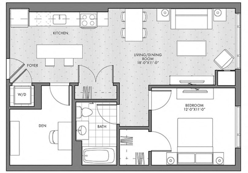 Floor plan for 1 bed, 1 bath, 782 sqft