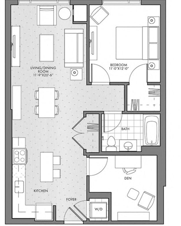 Floor plan for 1 bed, 1 bath, 887 sqft