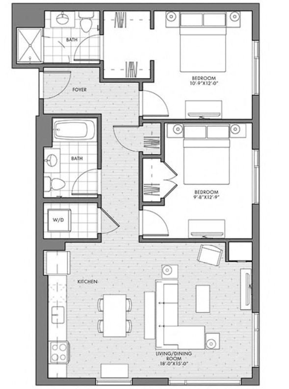 Floor plan for 2 beds, 2 baths, 919 sqft