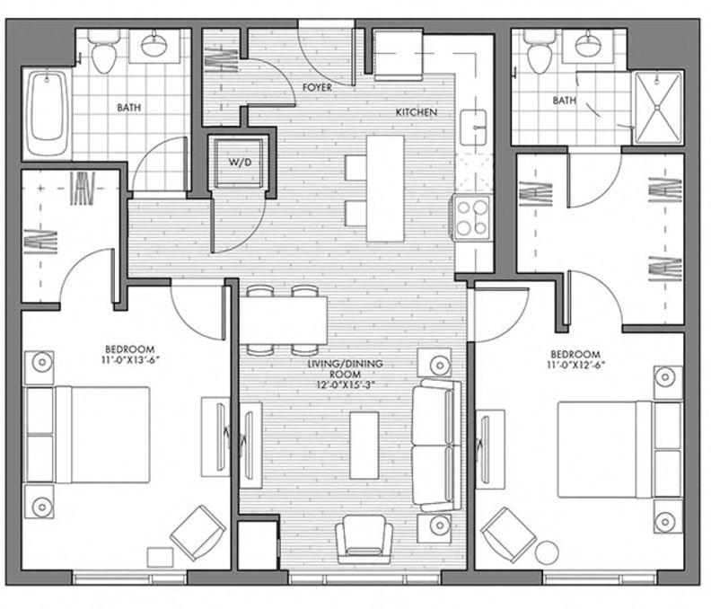 Floor plan for 2 beds, 2 baths, 1057 sqft