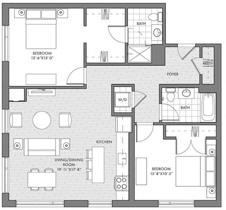 Floor plan for 2 beds, 2 baths, 1123 sqft