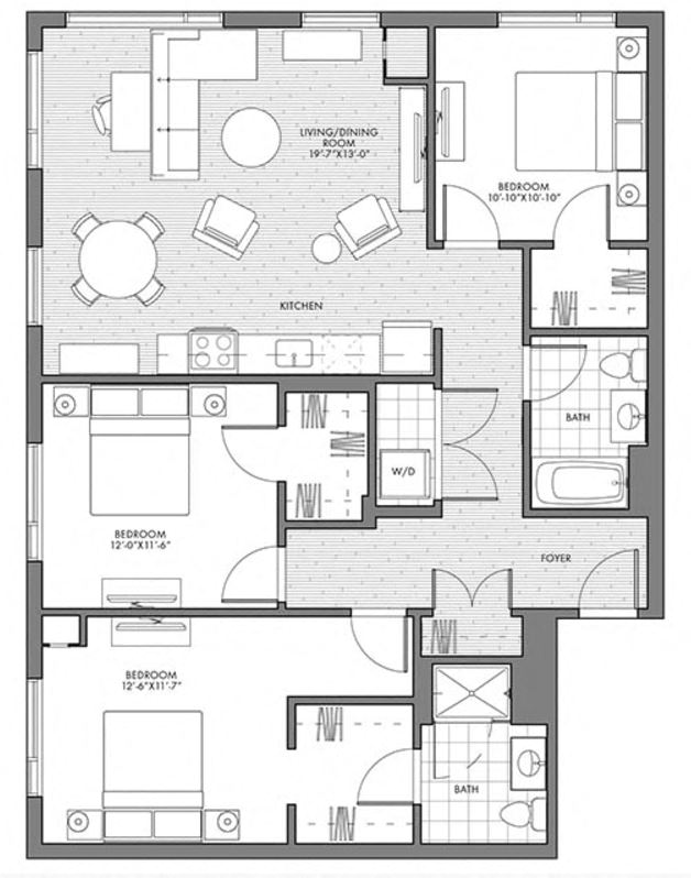 Floor plan for 3 beds, 2 baths, 1302 sqft