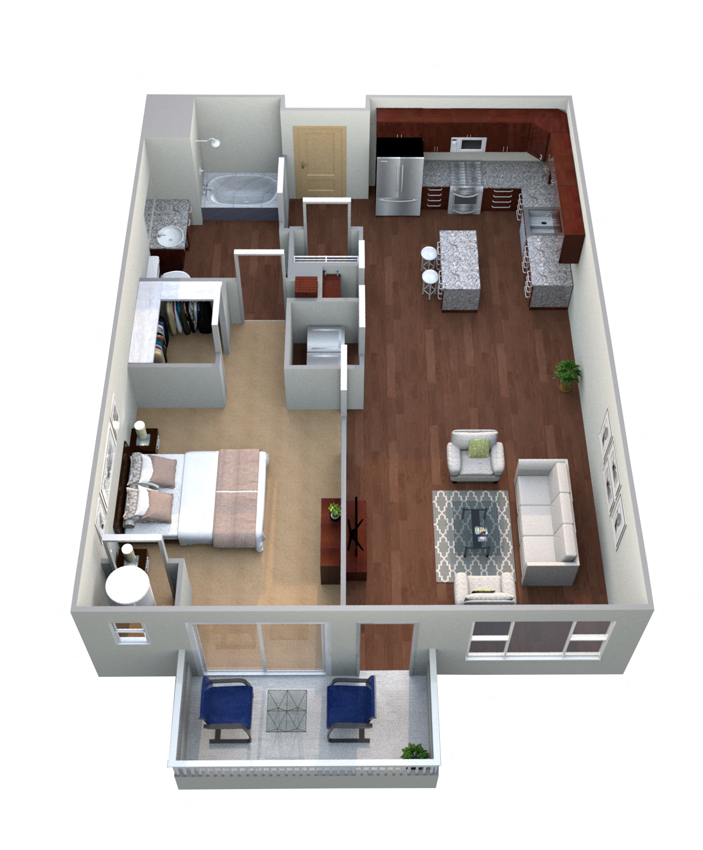 Floor plan for 1 bed, 1 bath, 773 sqft
