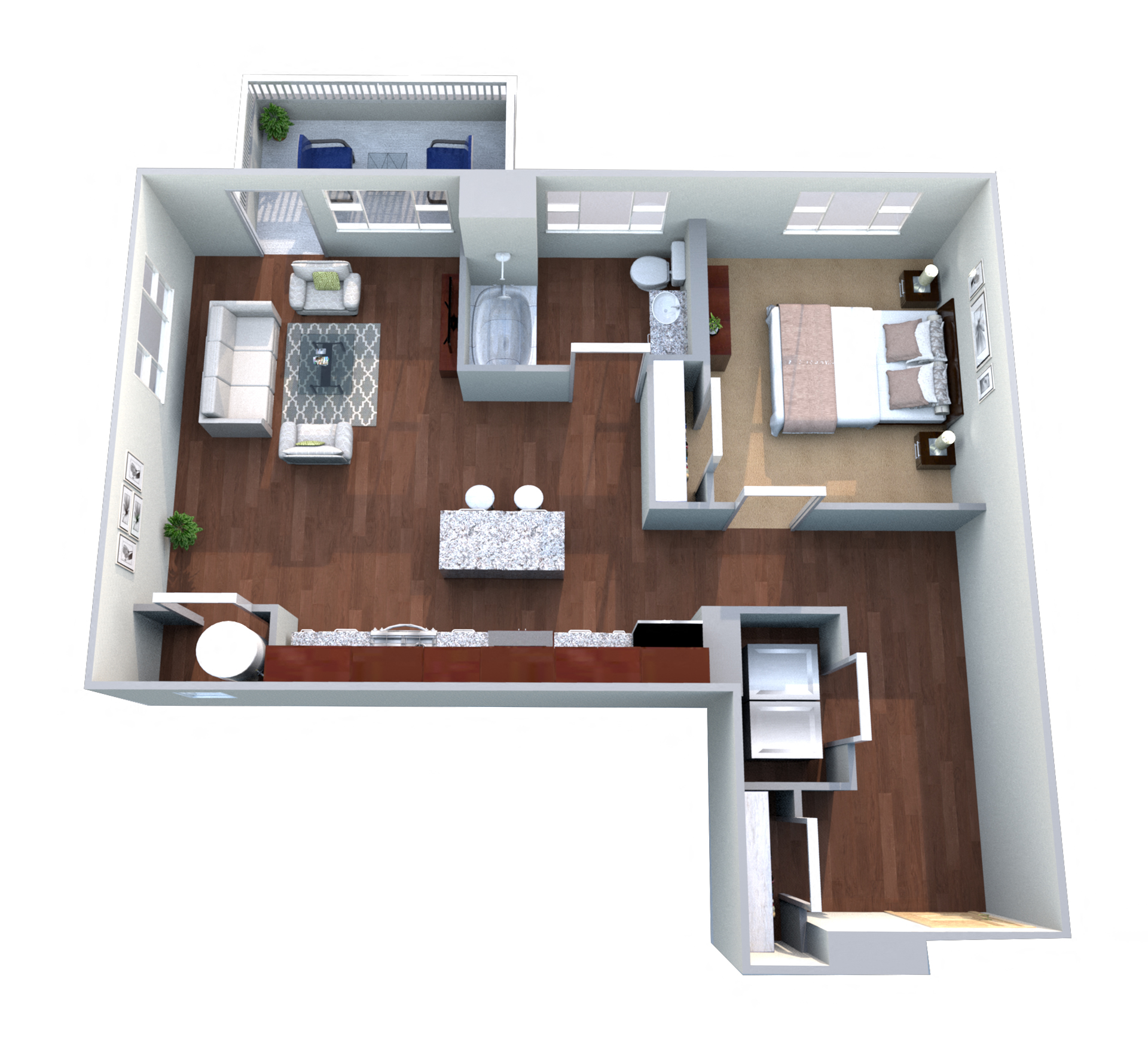 Floor plan for 1 bed, 1 bath, 873 sqft