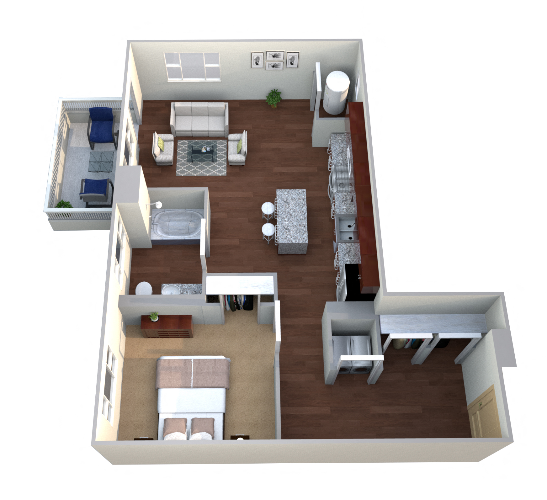 Floor plan for 1 bed, 1 bath, 873 sqft