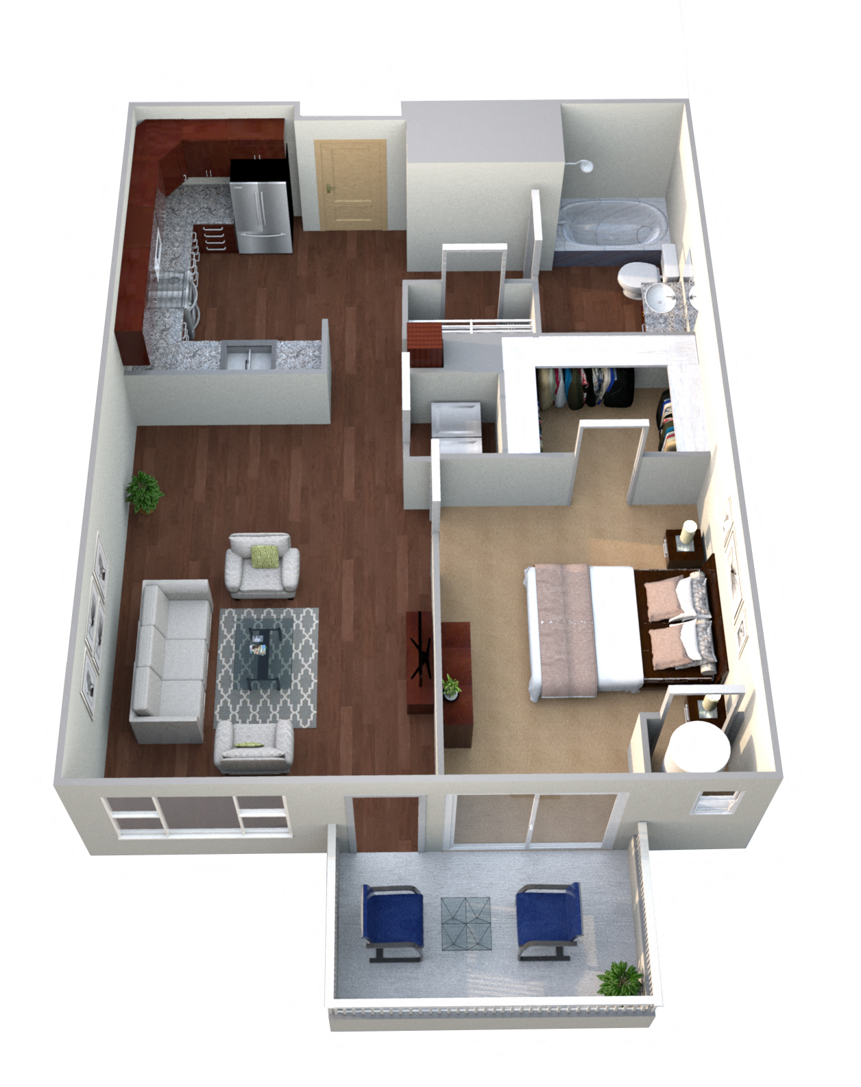 Floor plan for 1 bed, 1 bath, 754 sqft