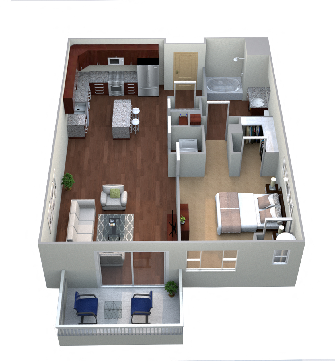 Floor plan for 1 bed, 1 bath, 773 sqft