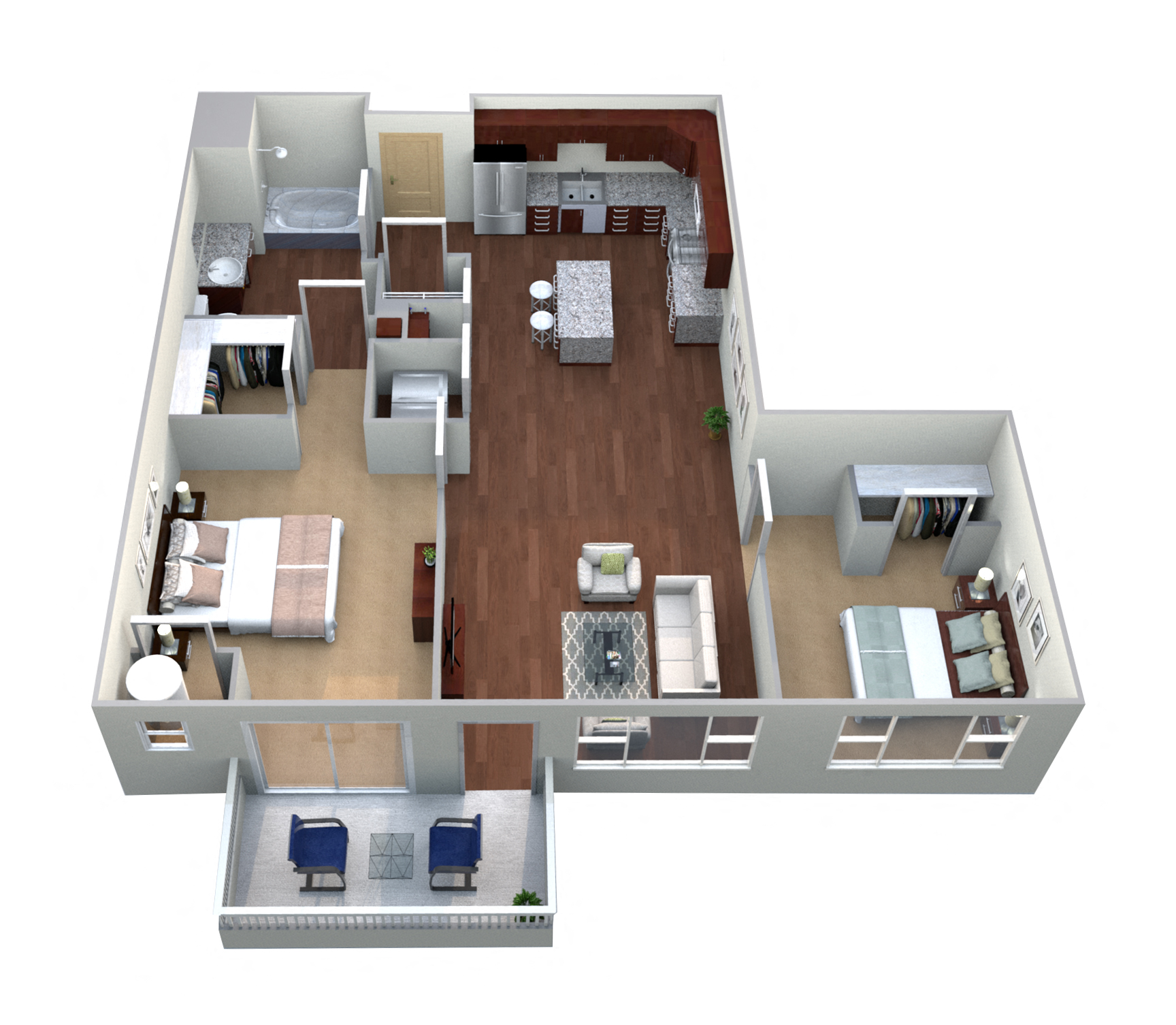 Floor plan for 2 beds, 1 bath, 890 sqft