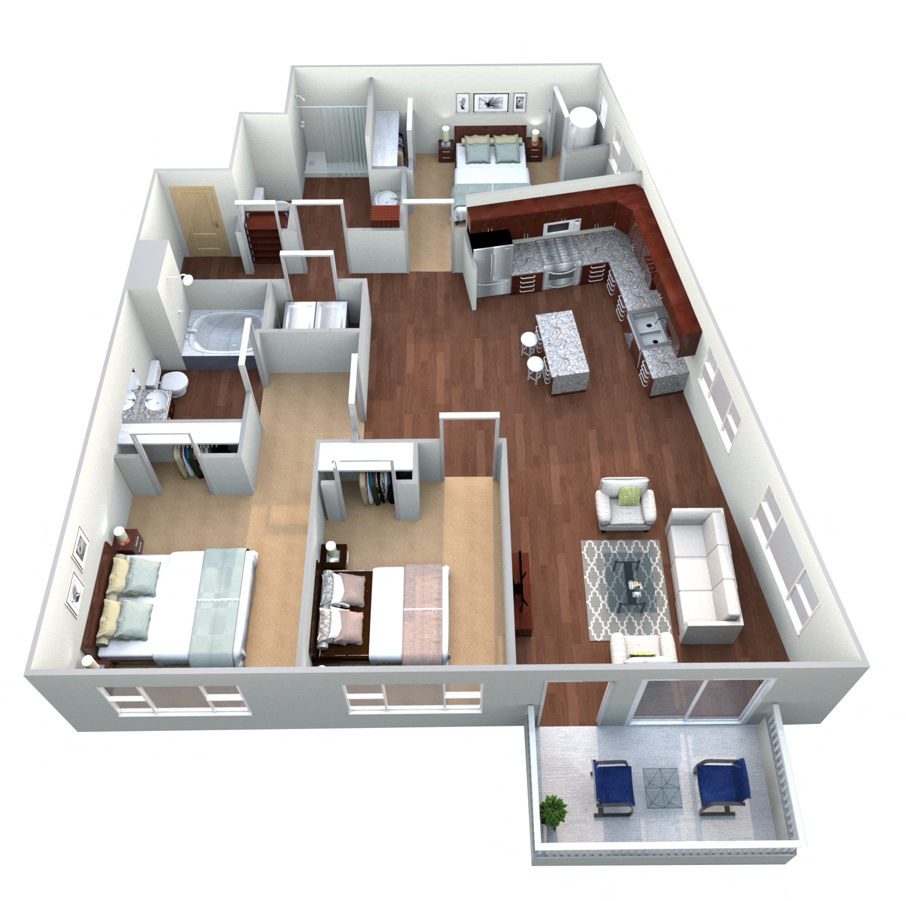 Floor plan for 3 beds, 2 baths, 1307 sqft