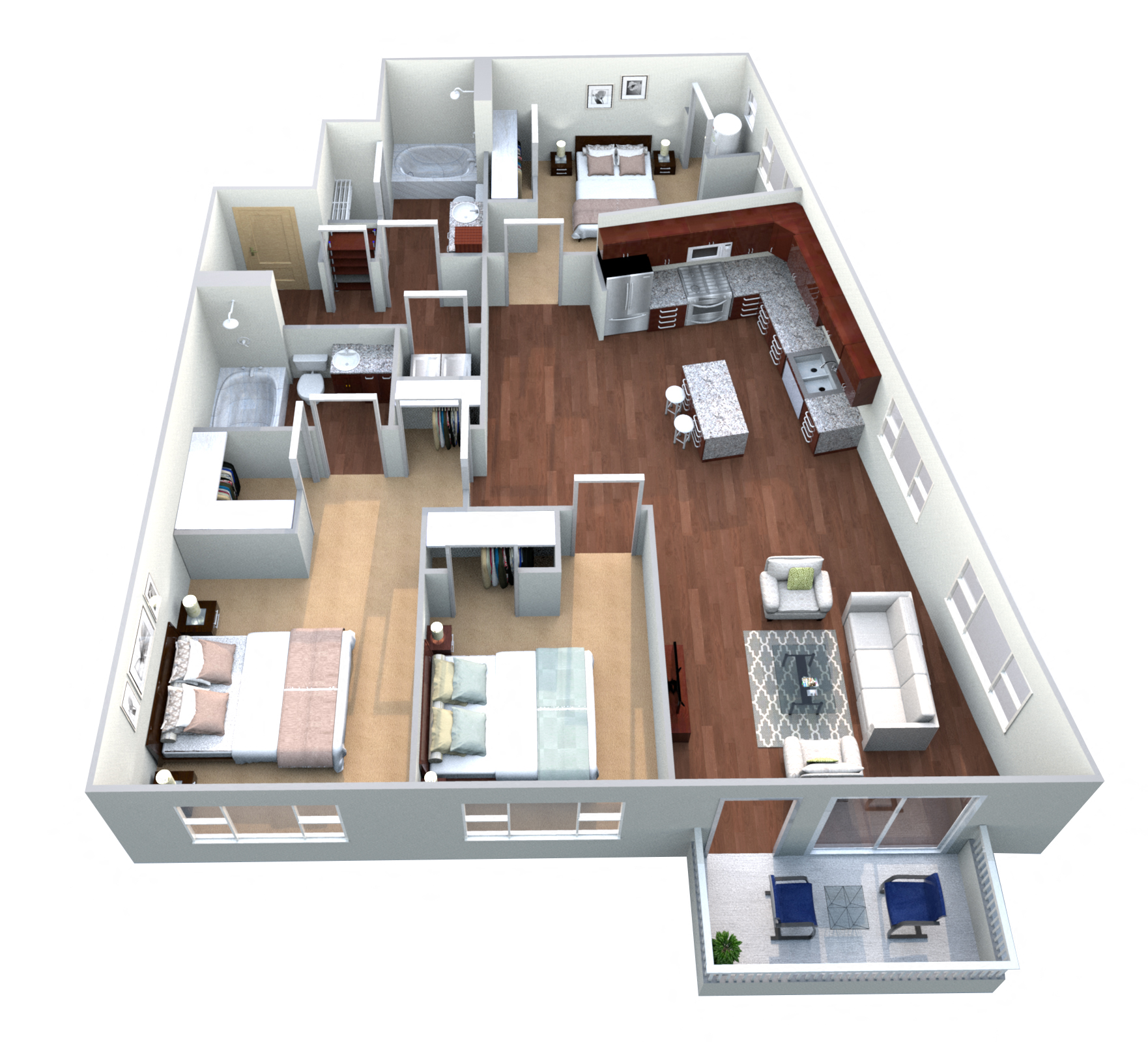 Floor plan for 3 beds, 2 baths, 1307 sqft
