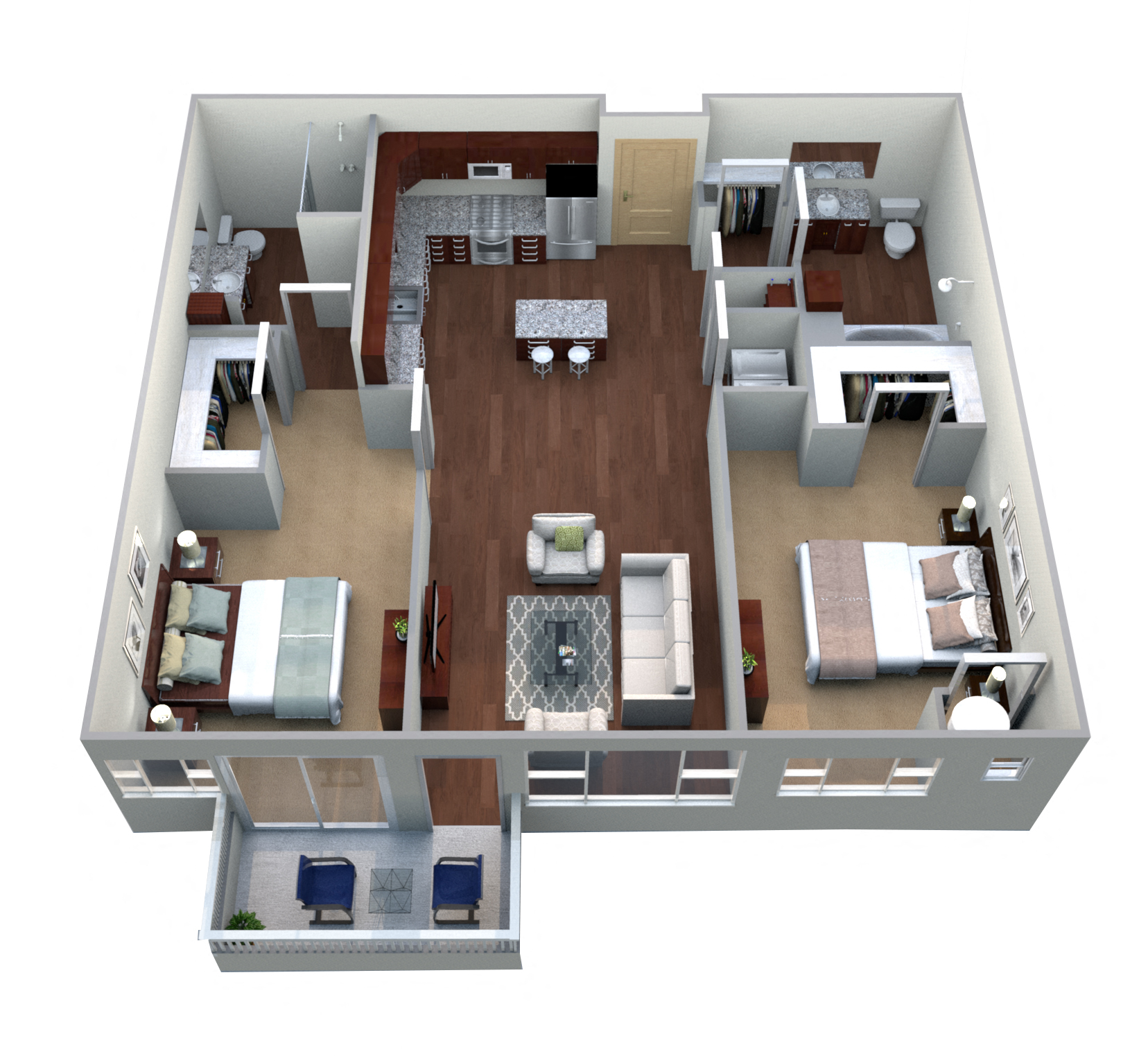Floor plan for 2 beds, 2 baths, 1115 sqft