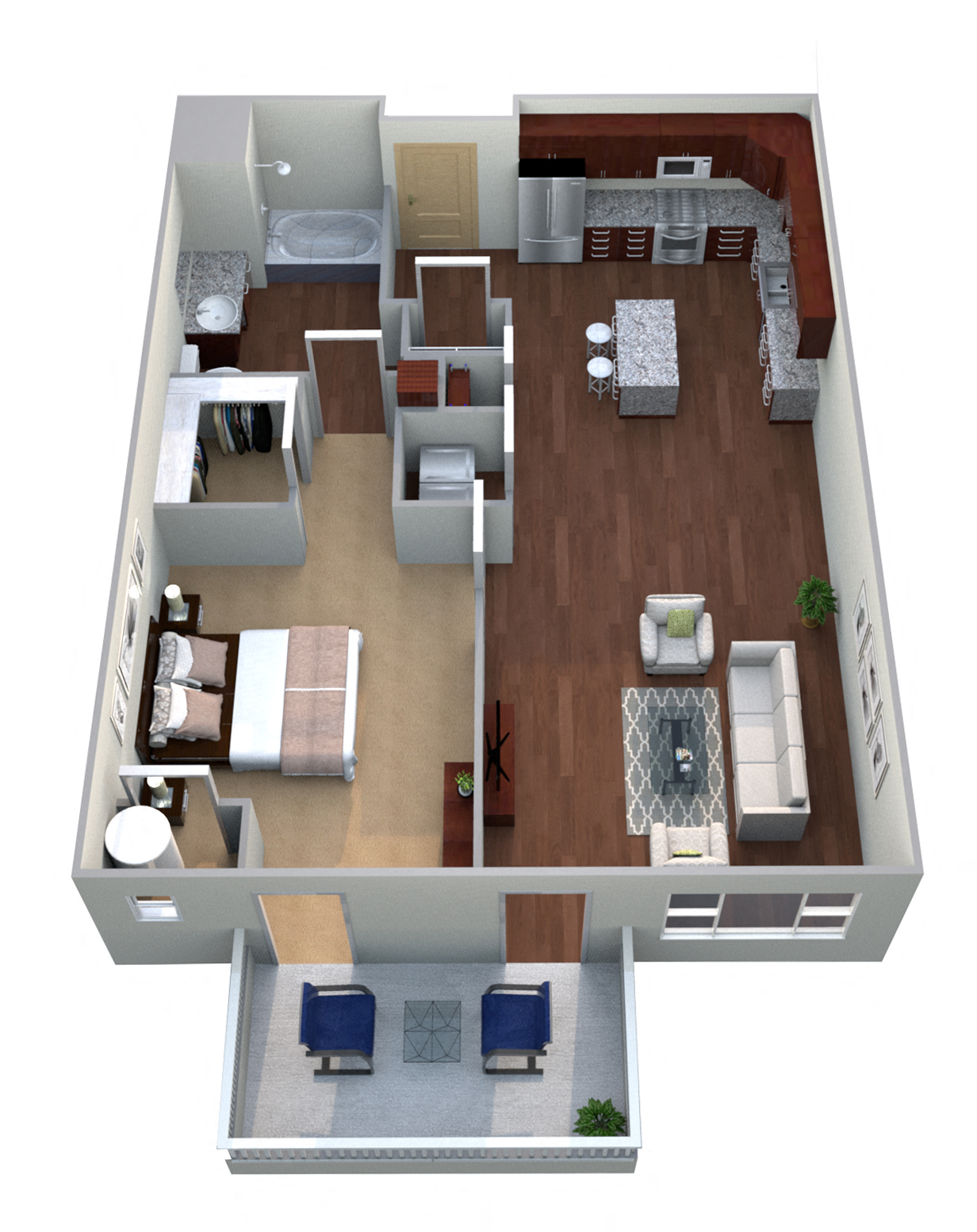 Floor plan for 1 bed, 1 bath, 773 sqft